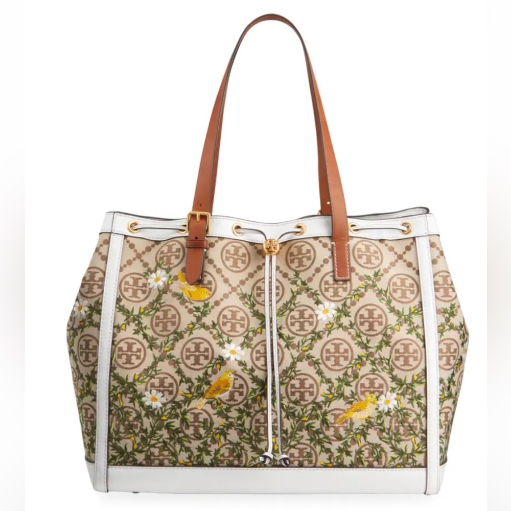 Tory Burch T Monogram Embroidered Bird Tote Bag